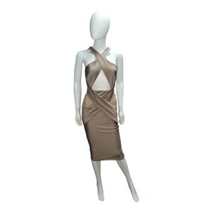 MICHAEL COSTELLO | Taupe Cutout Midi Dress in Size Small